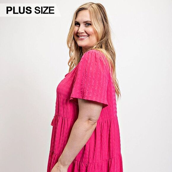 Plus Size Textured Woven Tiered Dress With Tassel Tie And Pockets - Picture 4 of 4